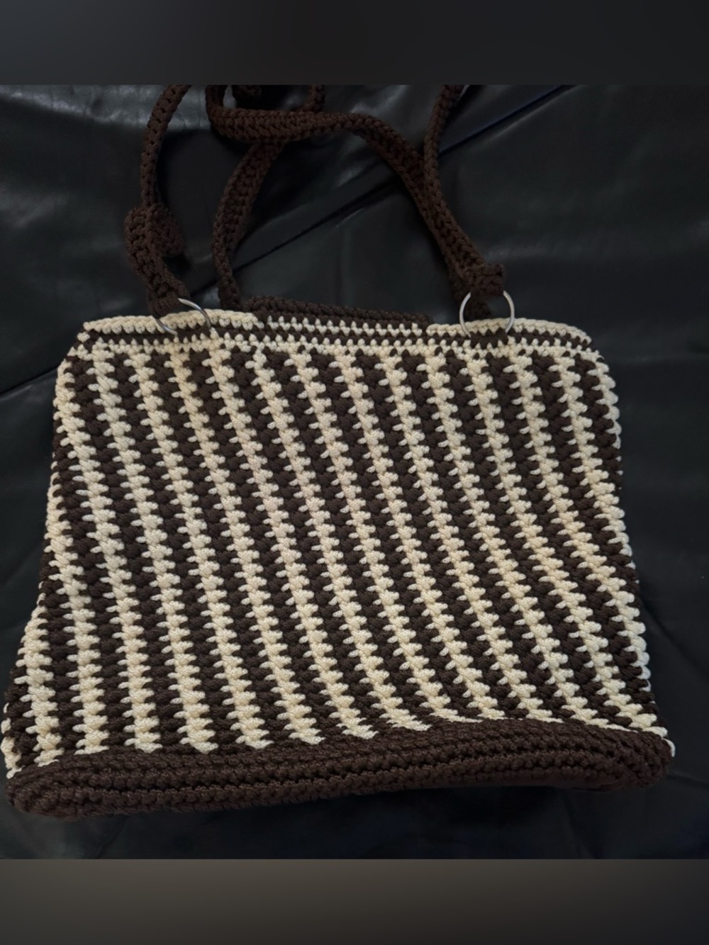 Hand-Crocheted Brown & Cream Tote Bag - Picture 6 of 7
